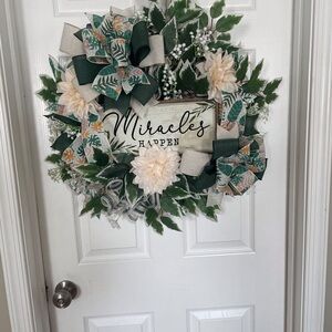 MIRACLES HAPPEN! Elegant Green and Cream Holiday Wreath